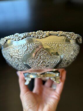 Vintage Heavily Embossed Repousse Silver Bowl | Footed | Floral Medallion | 9 in